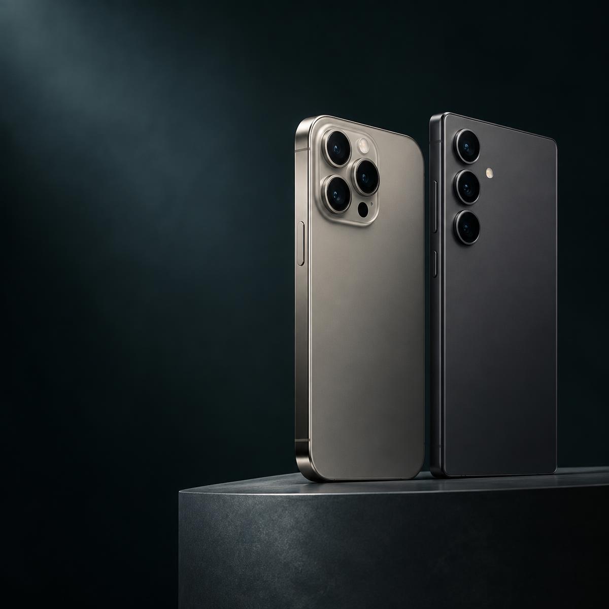 Titanium iPhone and Samsung Galaxy on a dark studio pedestal