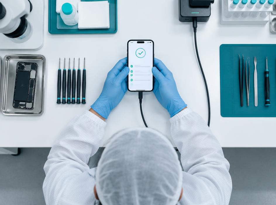 Technician performing diagnostics on a refurbished smartphone